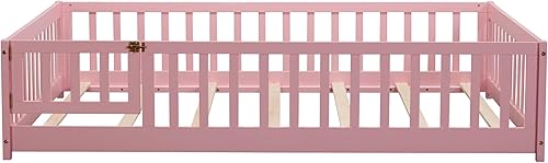 Miniatura 38 de Cama de plataforma de suelo de tamaño individual con valla, cama de madera para niños, cama de cerca para niños con puerta, no necesita somier