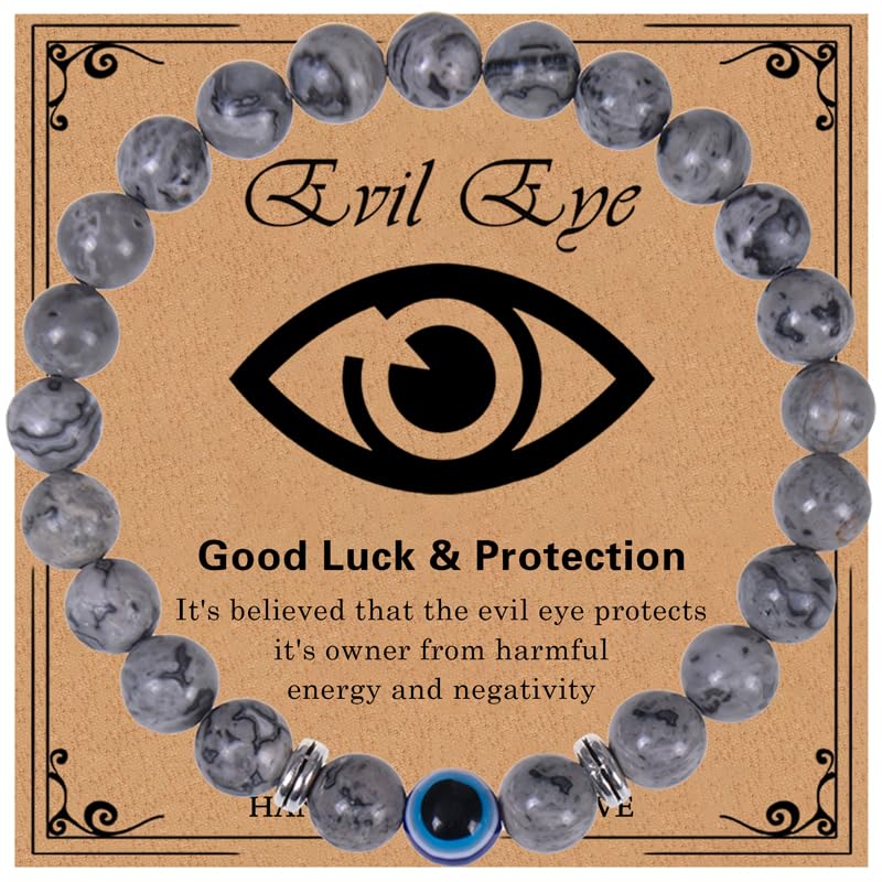 Evil Eye Lucky Bracelets for Women Men, Evil Eye Natural Stone Beaded Stretch Bracelet for Protection Blessing for Women Men Girl Boy Good Luck Protection Amulet Jewelry
