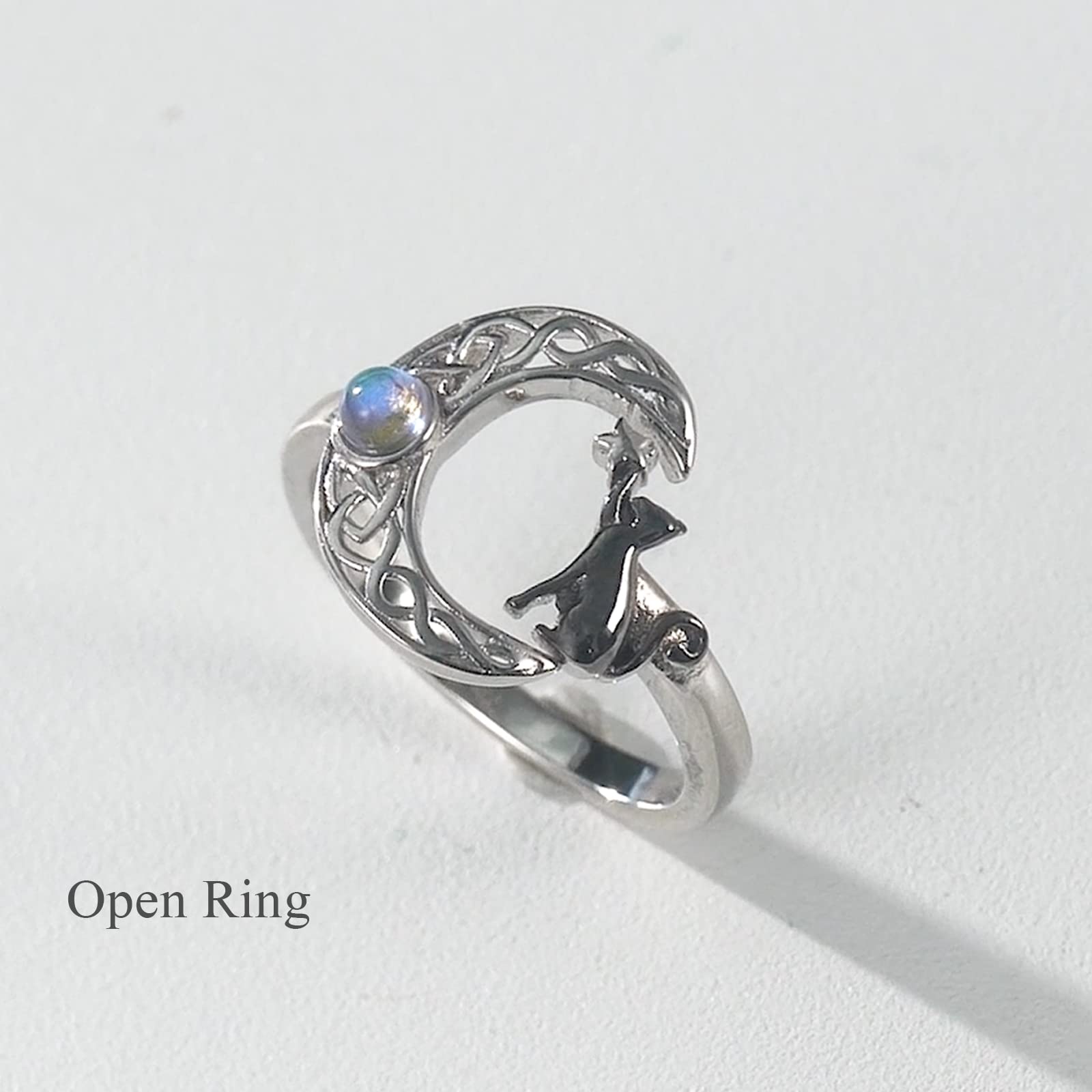 POPLYKE Bague ouverte en argent sterling 925 - Motif lune celtique - Chat noir - Pour femme et fille - Cadeau d'anniversaire chat, Argent sterling