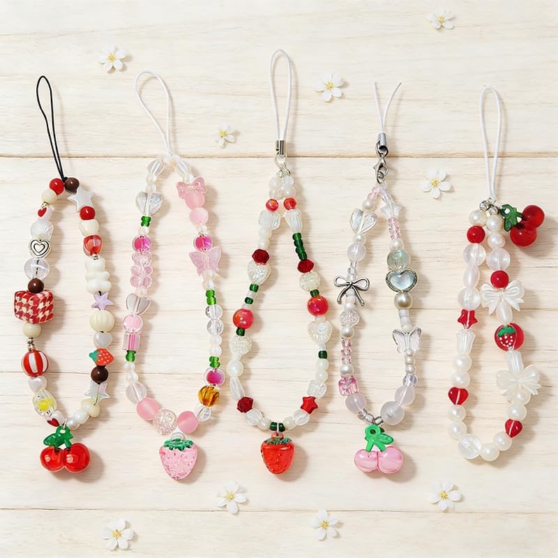 5 PCS Beaded Phone Charms, Cherry Strawberry Pearl Design Wrist Strap image 3
