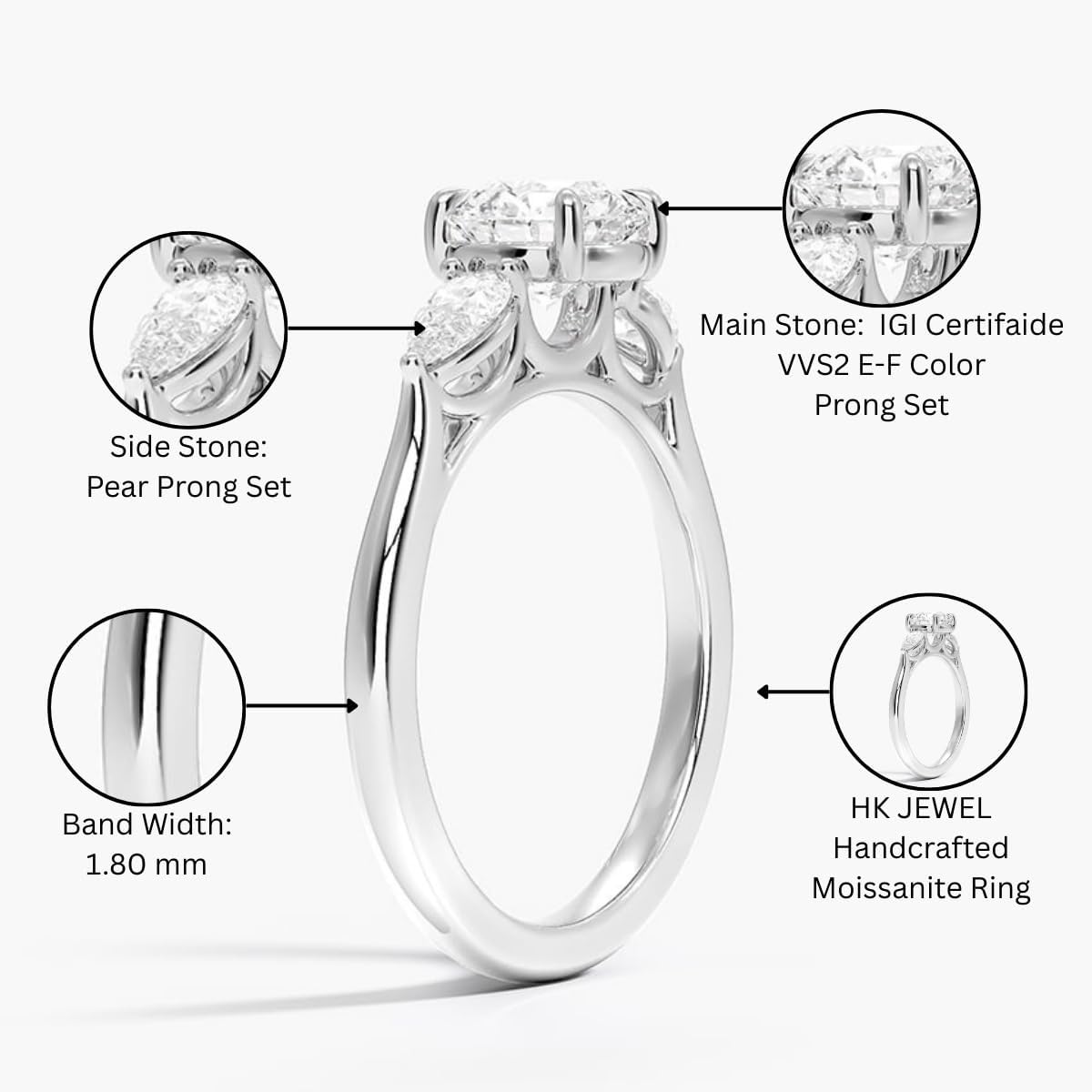 5 Carat Marquise Round Pear Cut LAB GROWN Diamond 3-Stone 10K 14K 18K Gold Engagement Ring (Color E-F Clarity VVS2)