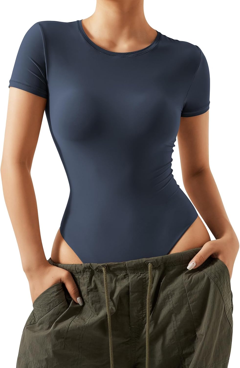 SUUKSESS Women Crew Neck Short Sleeve Thong Bodysuit Shirts Basic Top - Image 4