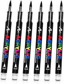 Caneta Marcador Acrílico Brush Preta 1-3 mm Kit 6 Unidades Base Água, Traço Fino e Médio, para Lettering, Desenho e Artesanato em Papel, Madeira, Vidro e Tela