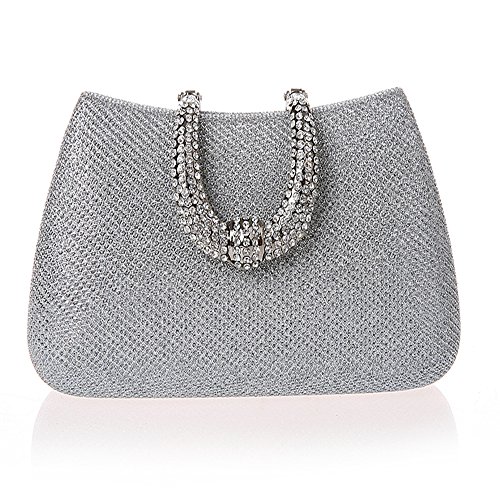 Jian Ya Na Damen Strass Abendtaschen Glitter-Geldbeutel mit Strass Mode harten Griff Clutch-Bag Silber Cover