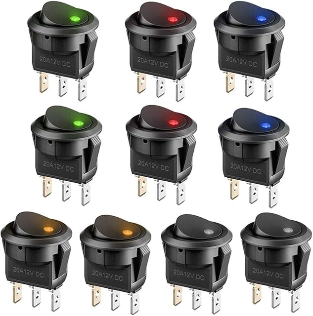 TOKERD 10 Pcs Small 12V Switches with Light, DC 20A 12V Illuminated Round Rocker Switch with 3 Pins Button On Off Toggle Switch for Car, Projects, Vehicles, Homehold Application(5 Random colour)