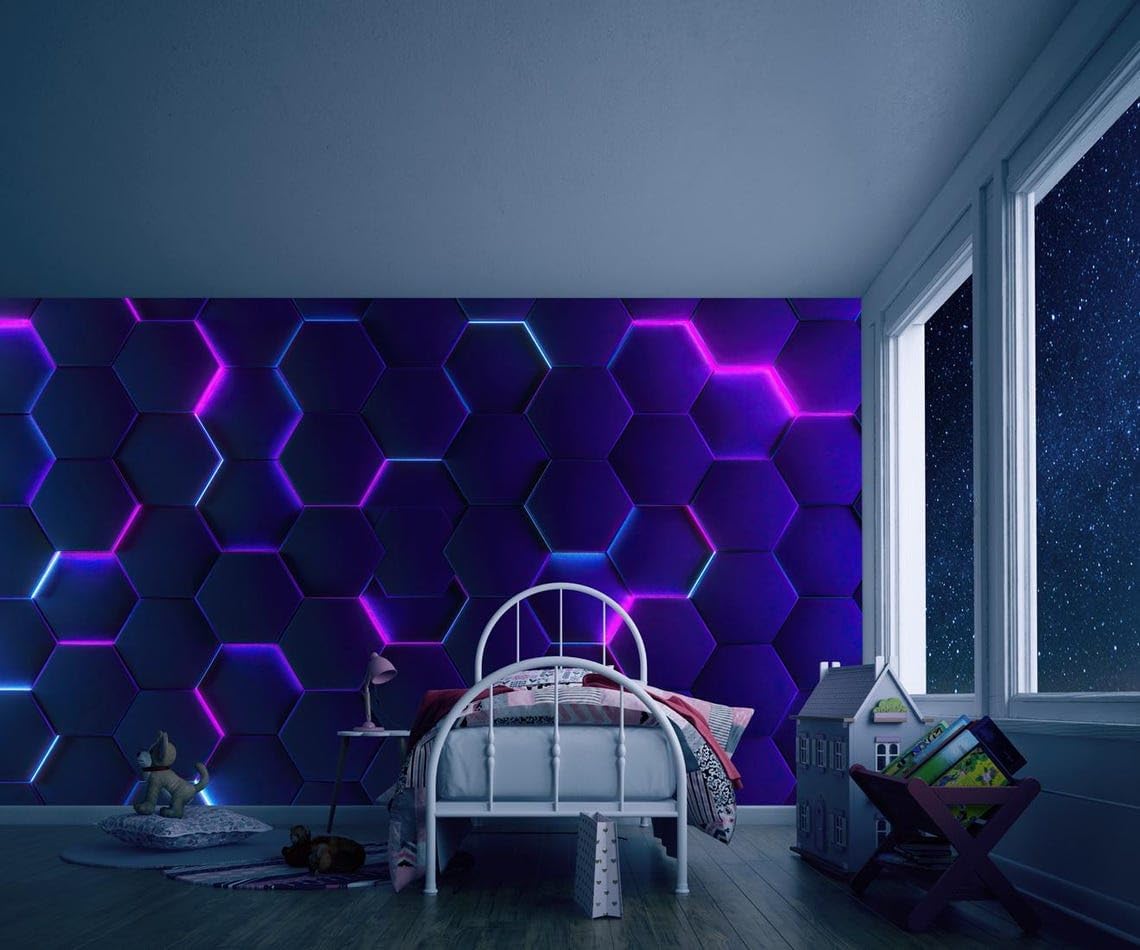 Neon Hexagon Pattern Photo Wallpaper Mural Pink Blue Futuristic Wall Design for Lounge Reading Room Studio Modern Decoration Wall Covering