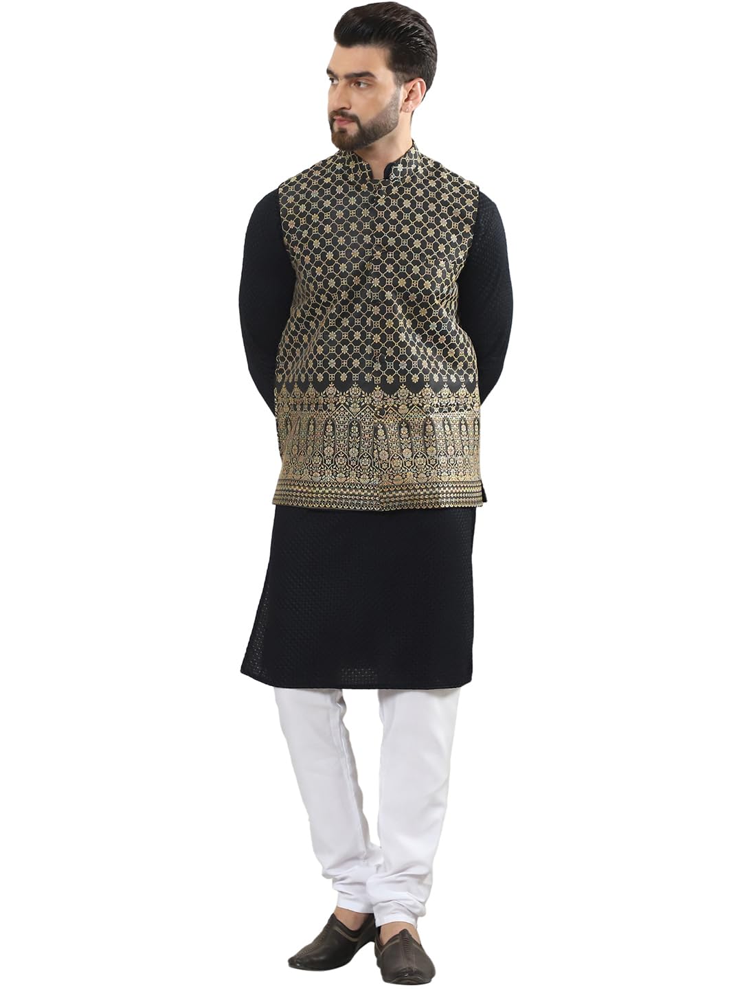 Sojanya (Since 1958 Men's Pure Cotton Black Kurta And White Pyjama With Black Nehru Jacket