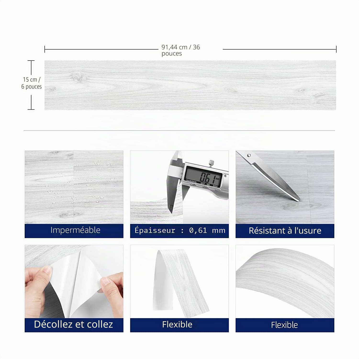 FunStick 90CM×15CM 30 Dalles PVC Garage Lino Sol Gris Blanc Imperméable Lavable Autocollant Effet Bois Carrelage Adhesif Salon Chambre Stickers Balcon Buanderie Dalle Bois
