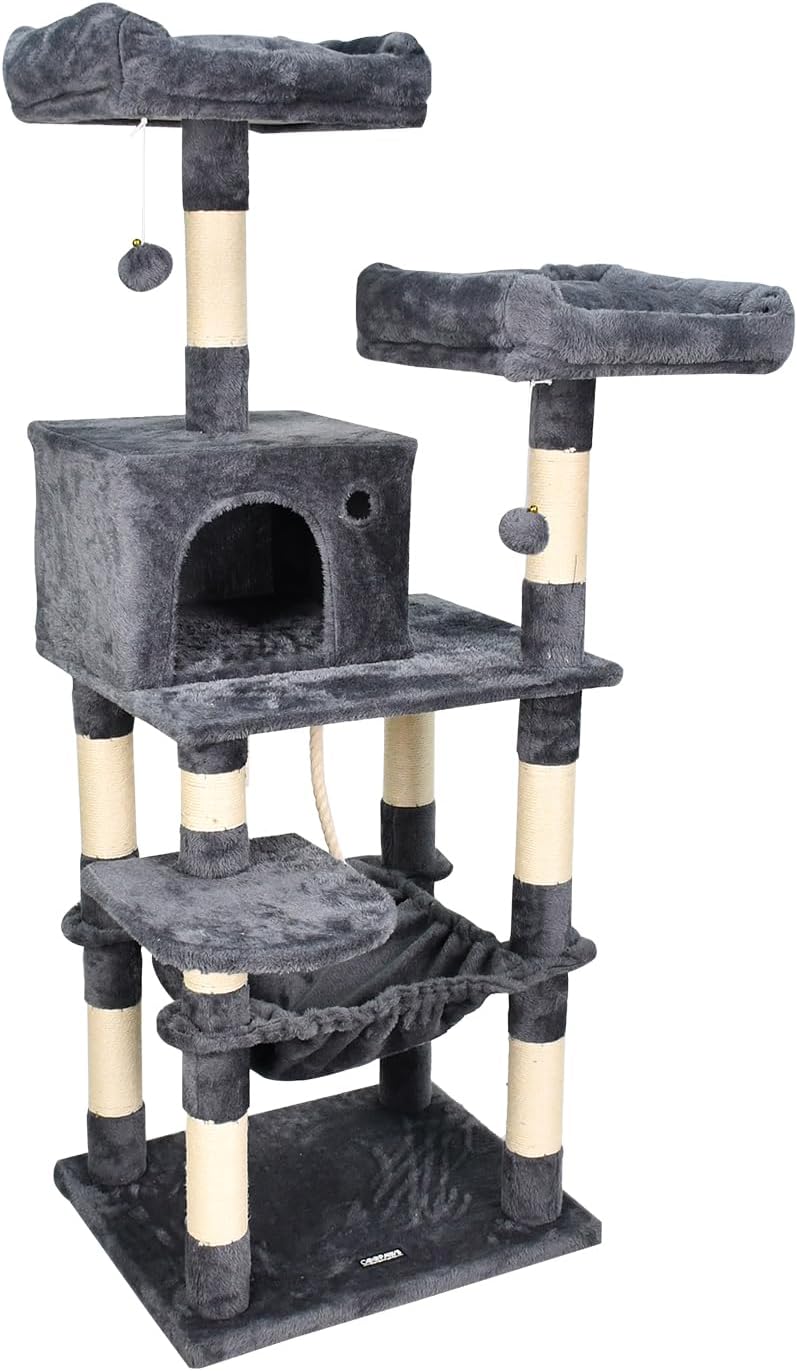 57-in Heavy-Duty Cat Tree for Large Cats, Multi-Level Tower with Sisal Scratching Posts, Plush Perch, Hammock & Condo Anti-Tip Design