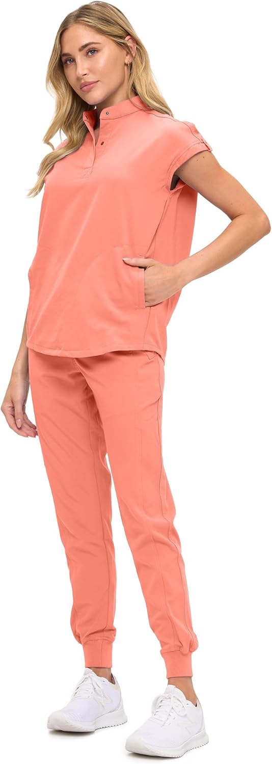 Womens Jogger Scrub Set with Oversized Scrub Top with Mandarin Collar. Supreme Comfort Scrub Set for Women - Image 2