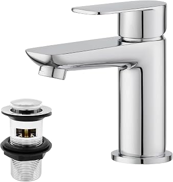 Black Basin Taps with Pop Up Waste, BATHWEST Modern Monobloc Chrome Brass Matte Black Bathroom Sink Taps for Basin with Drainer 922MC