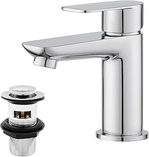 Basin Taps with Pop Up Waste, BATHWEST Bthroom Cloakroom Sink Tap with Sink Plug, Modern Monobloc Single Lever Chrome Brass Bathroom Taps Mixer with Basin Drainer