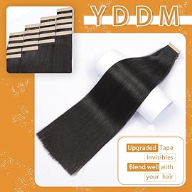 YDDM Tape in Hair Extensions Human Hair 24 Inch 20pcs Natural Black 100% Remy Human Hair Seamless Invisible Straight Tape in Hair Extensions(1B, 24 Inch)
