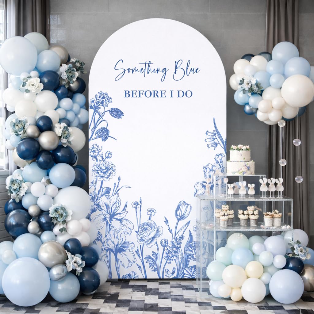 Something Blue Before I Do Arch Backdrop Cover for Bridal Shower Bride to be Parties Arch Spandex Fabric Cover Blue Bloom Floral Toile Party Decors (