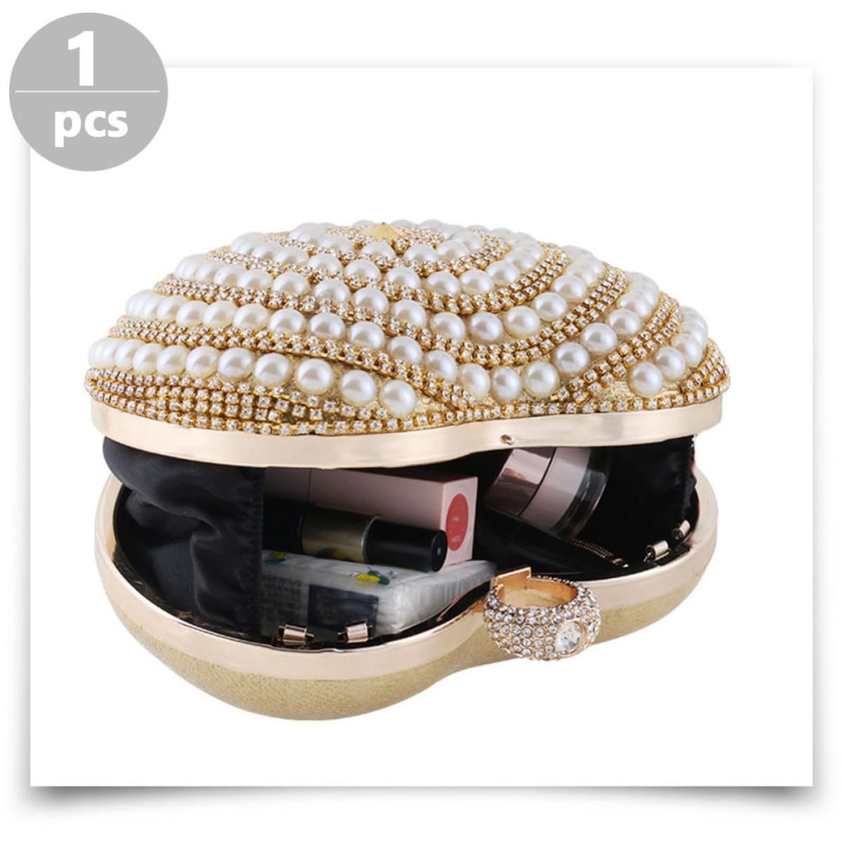 Pochette Donna Piccola Elegante a Forma di Cuore in Poliestere e Metallo Oro per Party Serale e Cerimonie di Classe