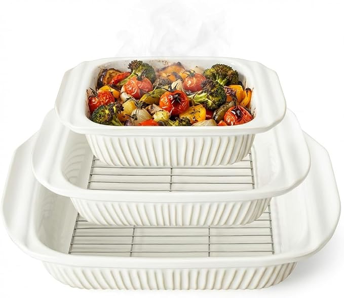 Artena Casserole Dishes For Oven, Ceramic Baking Dish, Large Lasagna Pan With Handles, Baking Pan Casserole Dish, Rectangular Bakeware Deep, White, Set Of 3 (5.1Qt/2.3Qt/1.1Qt) (Baking Dish With Lids)