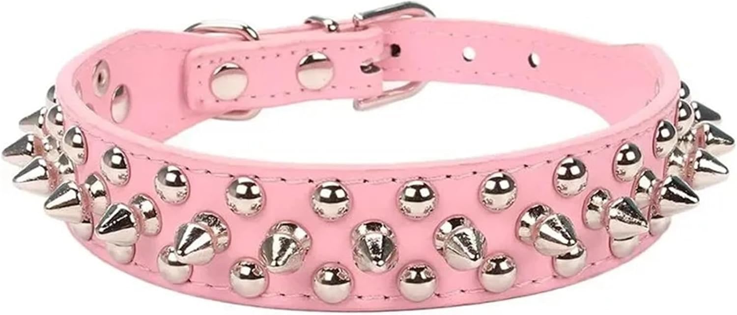 Adjustable Leather Pet Dog Collar Neck Strap Supplies Leather Rivet Spiked Dog Collar Pet Universal(Pink,Small)