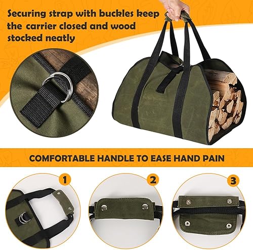 Miniatura 3 de HRX Package Bolsa Transportadora de Leña de Lona Encerada, Tote Resistente al Agua para Troncos, Bolsa para Transportar Madera con Asas para Viajes