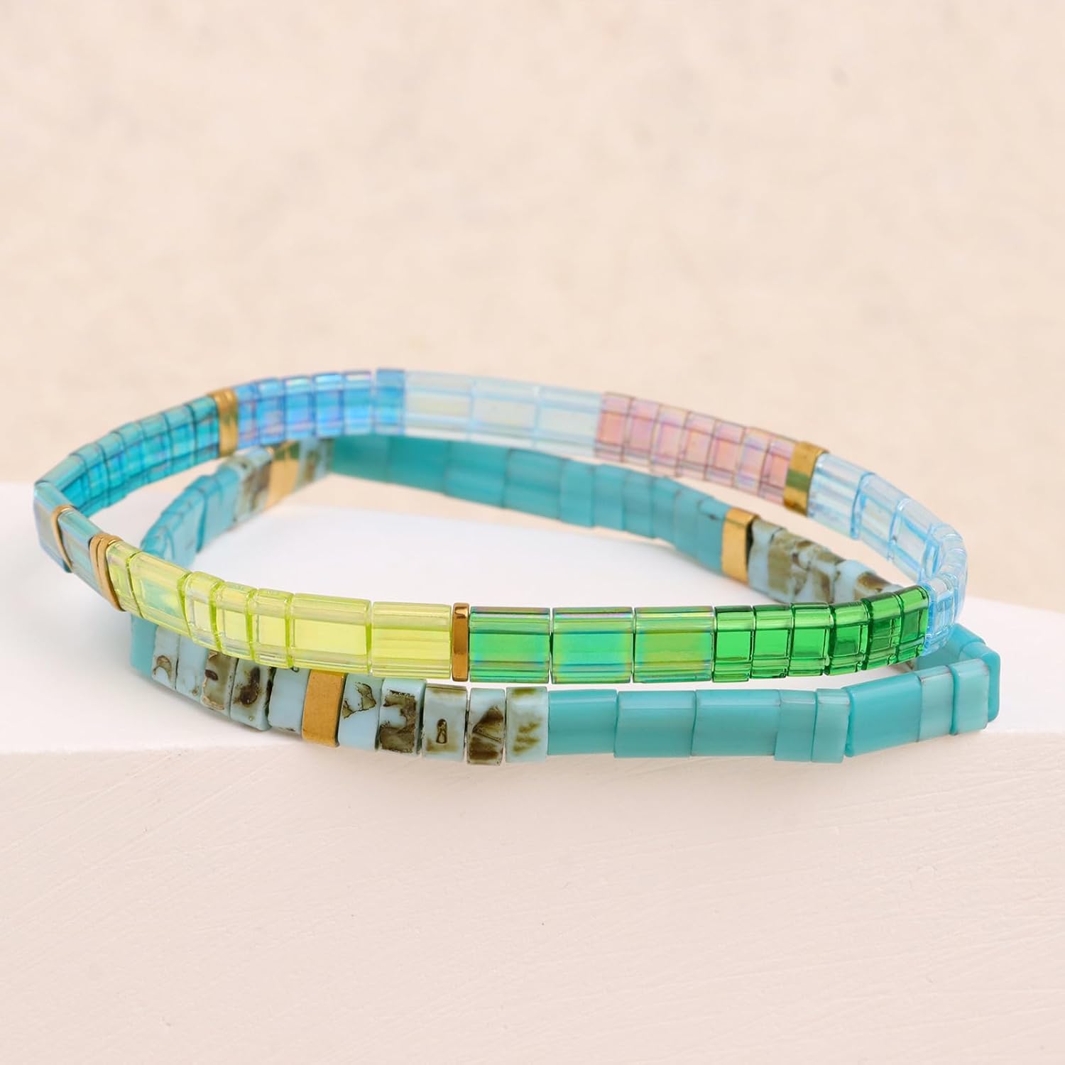 Tila Flat Beads Bracelets Stack Set for Women, Handmade Gold Beads Gemstone Colorful Stretch Outfit Accessories Jewelry Gift. - Image 5