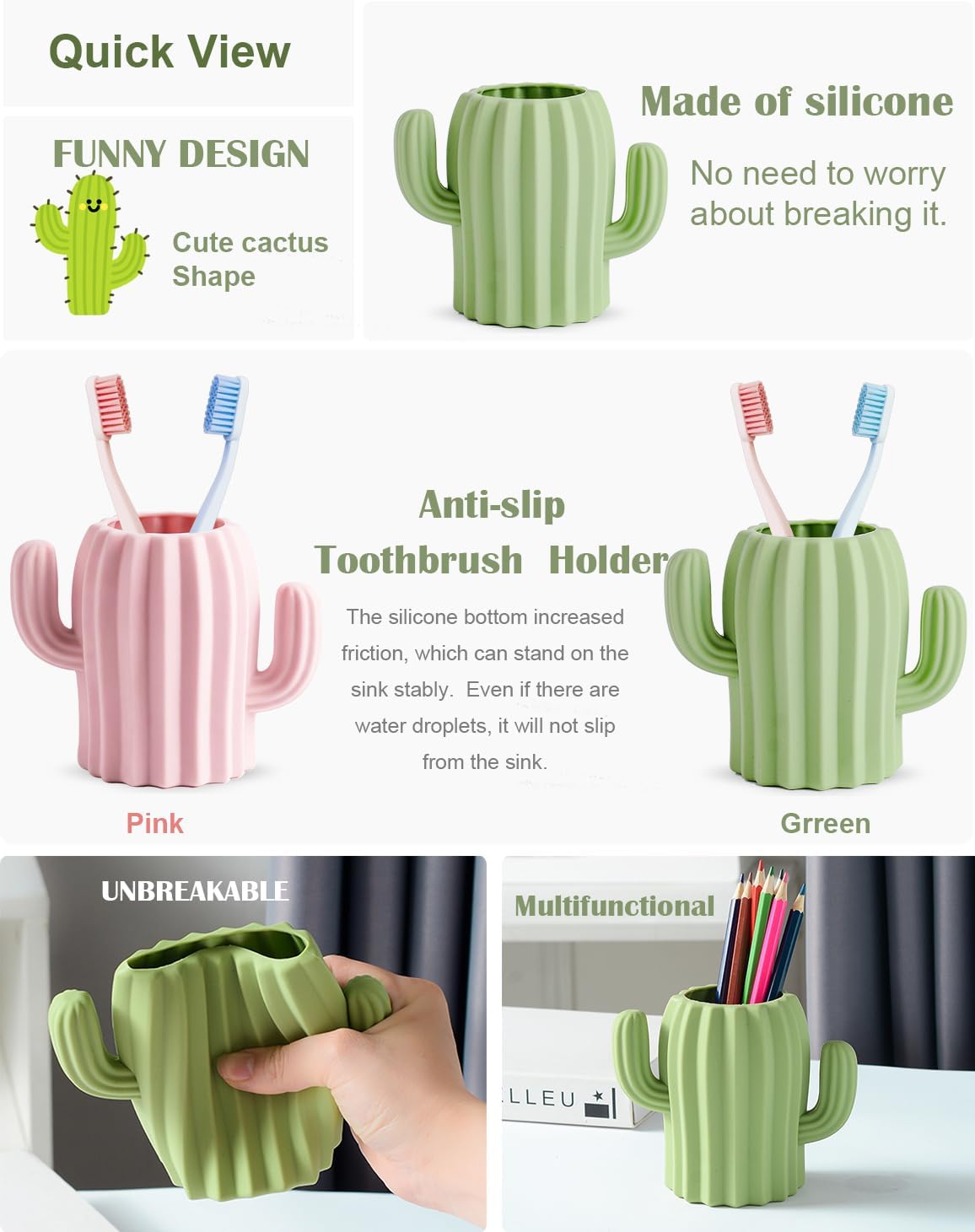Silicone Kids Cactus Cute and Funny Toothbrush Holder for Bathroom Decor Countertop Organizer, Unbreakable (1, Green)