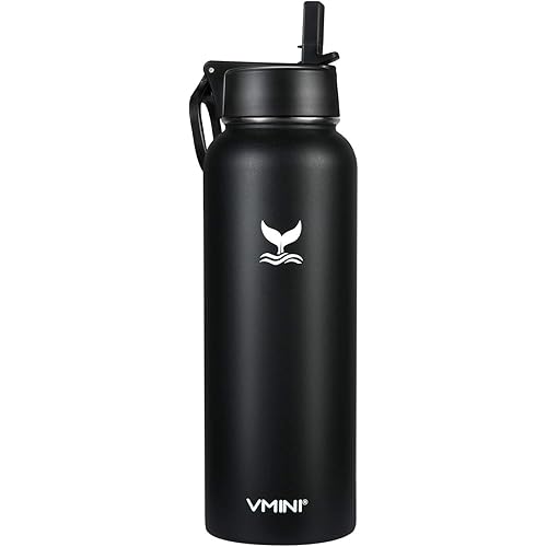 Vmini Water Bottle with Straw, Wide Rotating Handle Straw Lid, Wide Mouth Vacuum Insulated Stainless Steel Water Bottle, Black, 40 oz