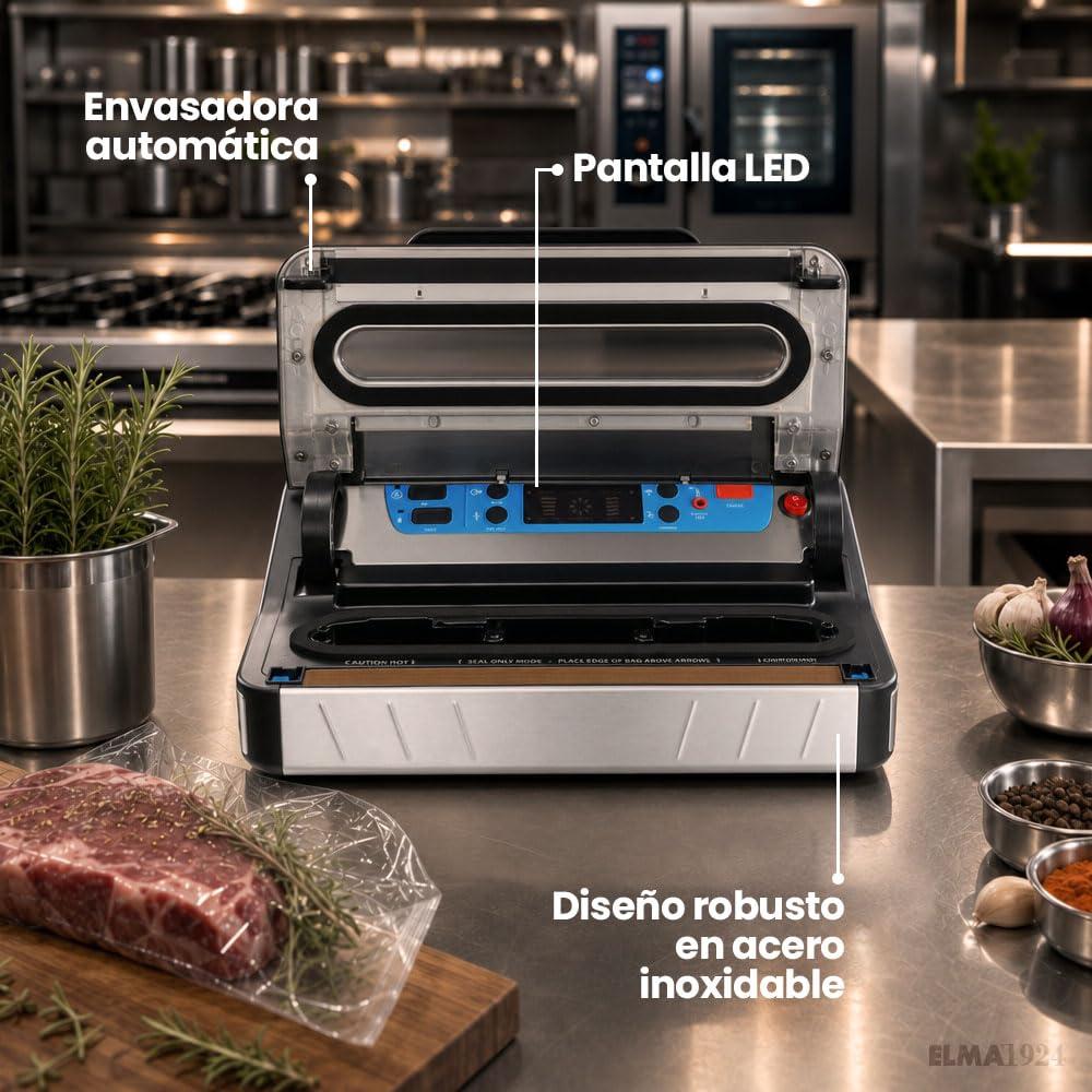 ELMA Envasadora al Vacío Profesional Digit Free | 20 L/min | Acero Inoxidable | Pantalla LED | Sellado MOIST para Húmedos, Función Marinado | Portarrollos con Cutter | Uso Intensivo