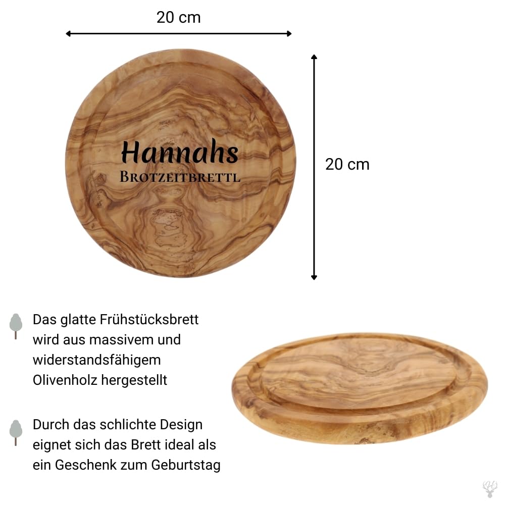 HOFMEISTER® Brotzeitbrett Gravur personalisiertes Geschenk - Vesperbrett aus Olivenholz mit Saftrille, Jausenbrett, Burgerbrett, Geschenkidee zum Geburtstag, für die Brotzeit, rund, 20 cm