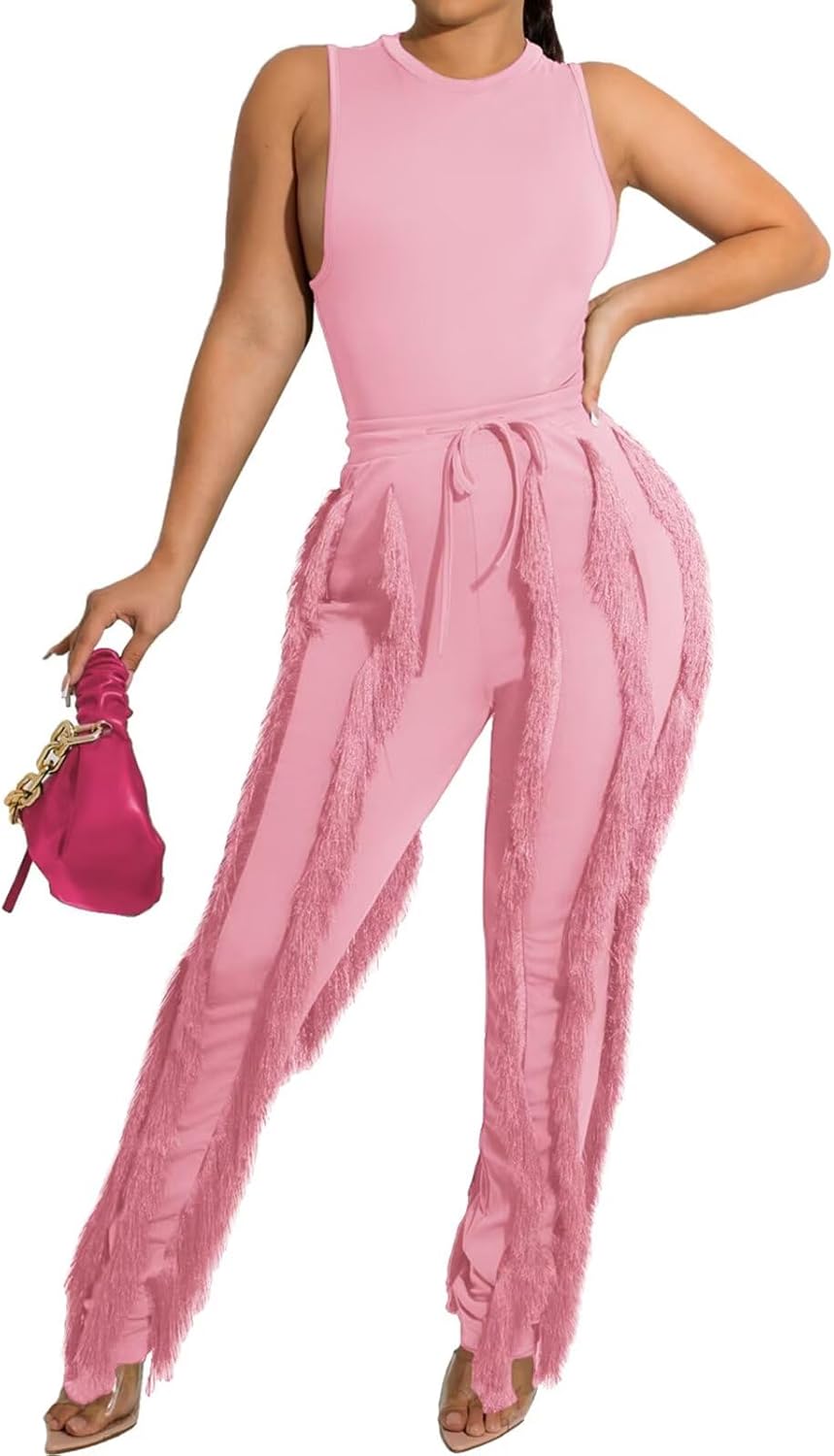 EDITCOZY Women Sexy Two Piece Outfits Fringe Pants Set Tassel Club 2 Piece Sets Going Out Birthday Party Night