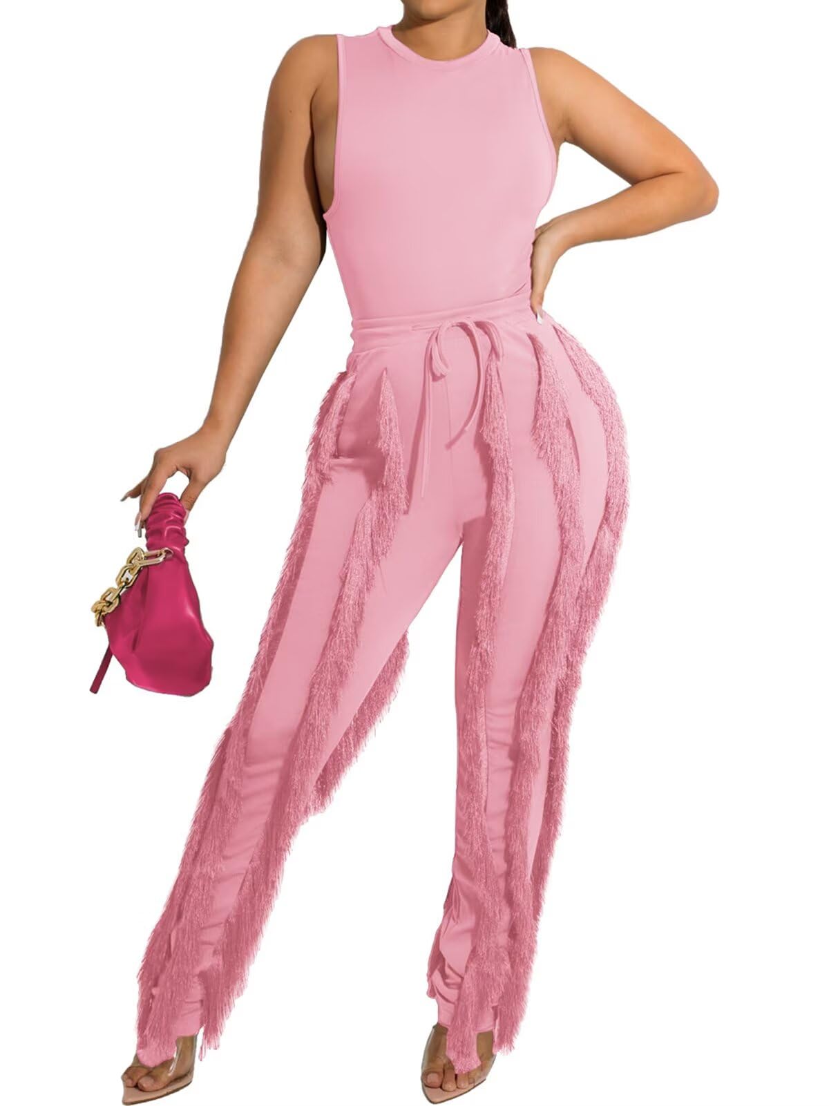 EDITCOZY Women Sexy Two Piece Outfits Fringe Pants Set Club Party Going Out