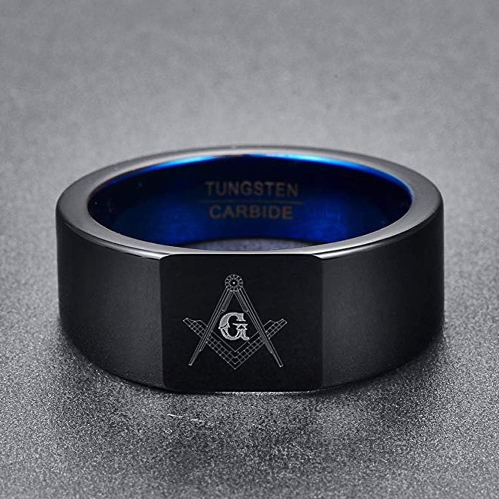 Vakki Black Blue Masonic Tungsten Carbide Square Rings for Men Women Freemason Symbol Ring High Polished Size 7-12