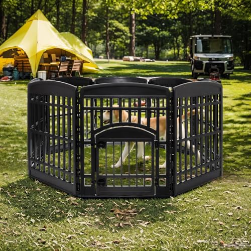 Iris Ohyama Welpenauslauf mit 8 Paneelen und abschließbarer Tür, H90cm, Schwarz, Katzengehege, Hundebox, Für Outdoor, Indoor, Welpenlaufstall, Hundezaun, Welpenzaun, Laufstall Hund, CI-908