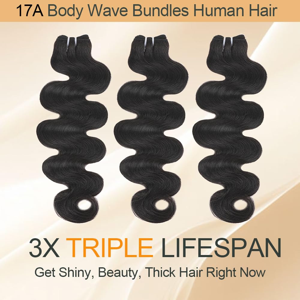 17A Raw Bundles Human Hair Body Wave,20 22 24 Inch Body Wave Bundles Human Hair,Triple Lifespan Virgin Hair Extensions,Multiple Washes Keep Texture Silky Soft