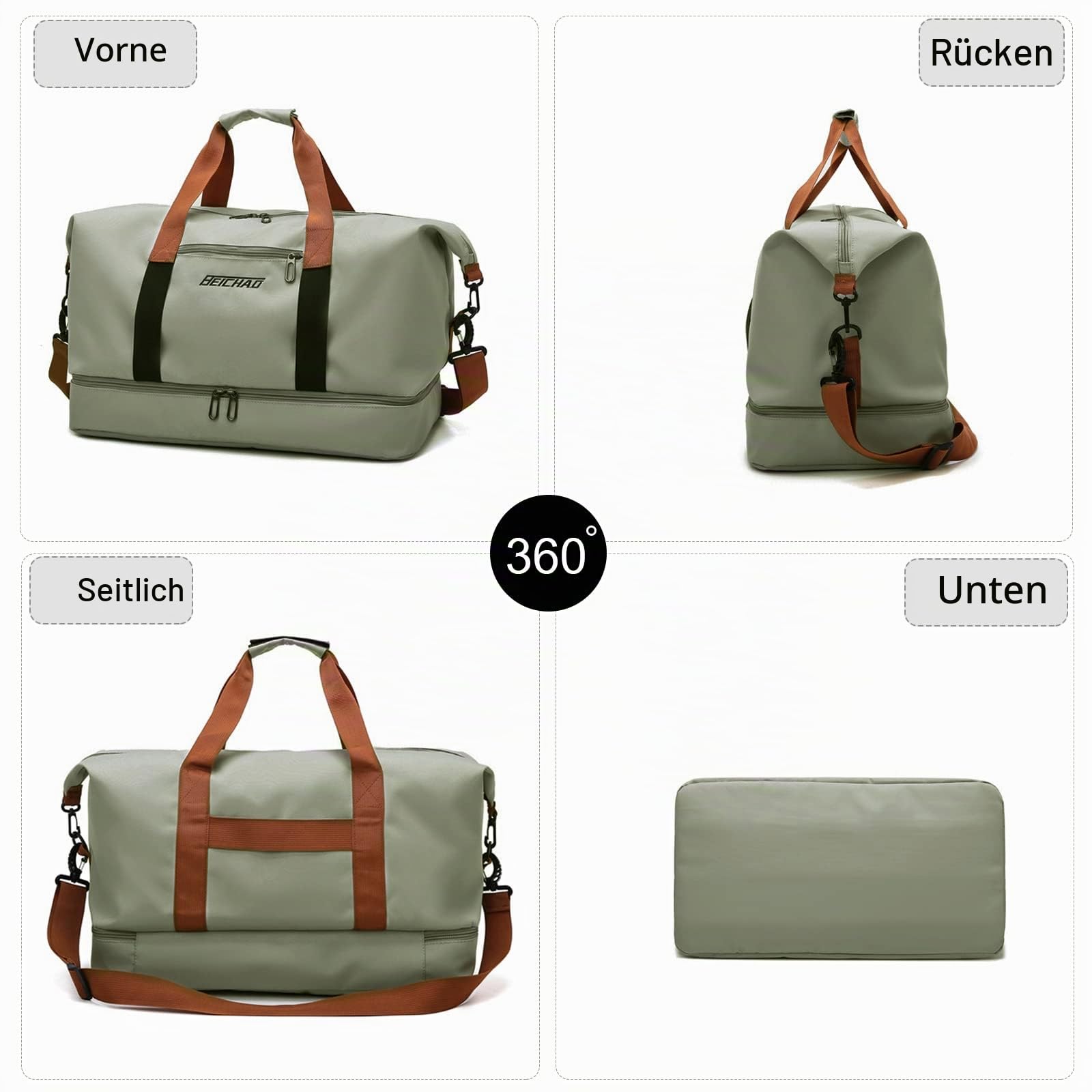 FANDARE Reisetaschen Handgepäck Duffel Tasche Sporttasche Übernachtung Sporttasche Tote Handtasche Damen Herren Weekender Tasche Kliniktasche Schwimmtasche Trainingstasche mit Schuhfach Khaki