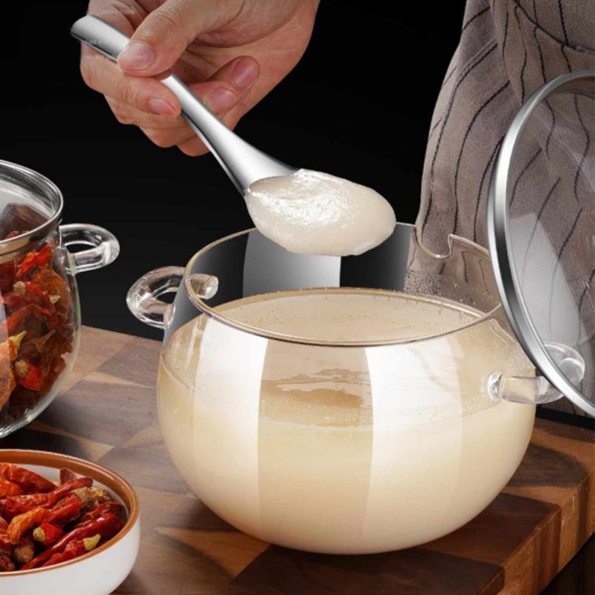 TOYANDONA Barattolo per Conservazione di Strutto in Vetro e Acciaio Inossidabile da 800ml con Cucchiaio, Contenitore Ermetico Portatile per Olio e Latte in Polvere, Design Semplice e Unico