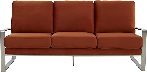 Miniatura 4 de LeisureMod Jefferson - Sofá moderno de terciopelo de 3 plazas con marco plateado, contemporáneo, color naranja