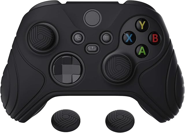 eXtremeRate PlayVital Samurai Edition Black Anti-slip Controller Grip Silicone Skin, Ergonomic Soft Rubber Protective Case Cover for Xbox Series S/X Controller with Black Thumb Stick Caps
