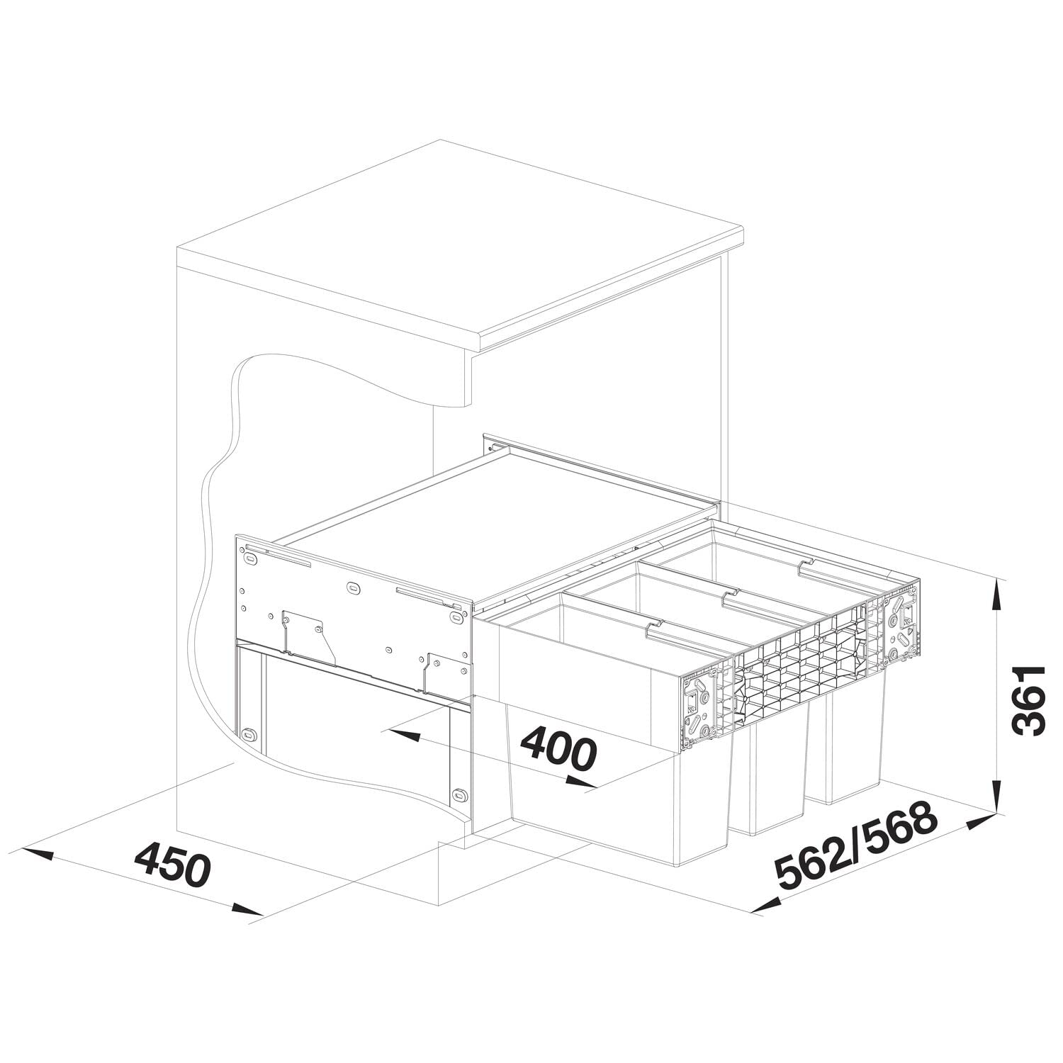 BLANCO SELECT II 60/3 | Abfall Müllsystem | für 60 cm breite Unterschränke | 3 x 15 Liter Eimer | [56,8x40x36,1 cm] | 400mm Auszugstiefe | Systemabdeckung | Auszugssystem zur Frontanbindung