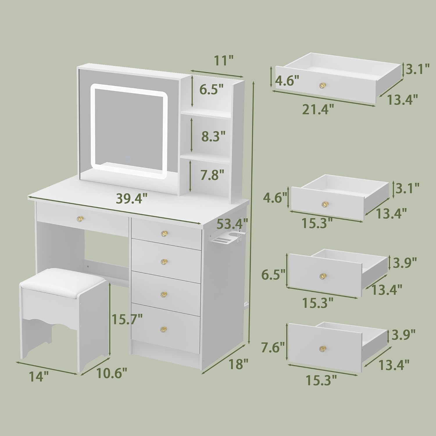 Timechee Makeup Vanity Desk with Mirror and Lights, Vanity with Chair, Sockets, Storage Drawers, Shelves & Cushion Stool, Make up Table for Dressing Room, Bedroom, White(39.4"x18"x53.4")
