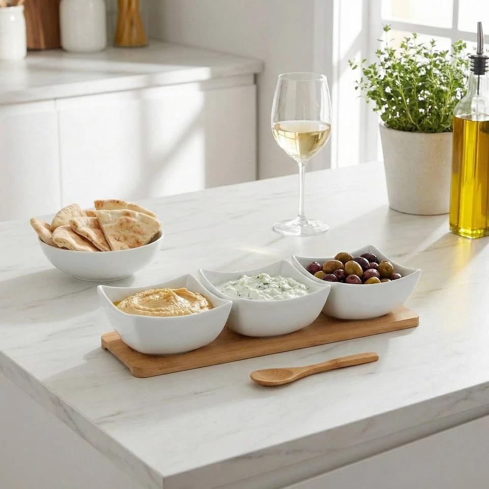 URBNLIVING 4-Piece Porcelain Dip Bowl Set with Bamboo Tray – Square Tapas, Snack & Appetizer Serving Dish – Elegant Entertaining & Party Serving Board - Image 6