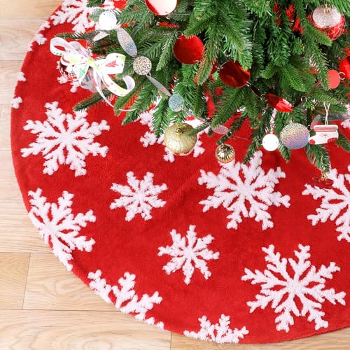 Christmas Tree Skirt 48 Inch Faux Fur Red Tree Skirt with Fluffy Snowflakes
