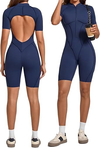 Women Short Sleeve Workout Padded Jumpsuit Zip Up Romper Bottom Shorts Slim Contour Seams Bodysuit One Piece