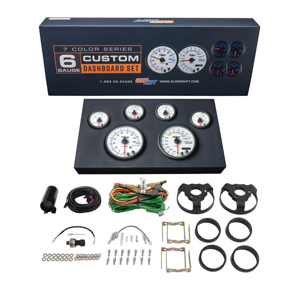 GlowShiftWhite 7 Color Custom Cluster Dashboard 6 Gauge Set - 3-3/4" (95mm) Speedometer & Tachometer - 2-1/16" (52mm) Fuel Level, Oil Pressure, Water Temperature & Volt Gauges