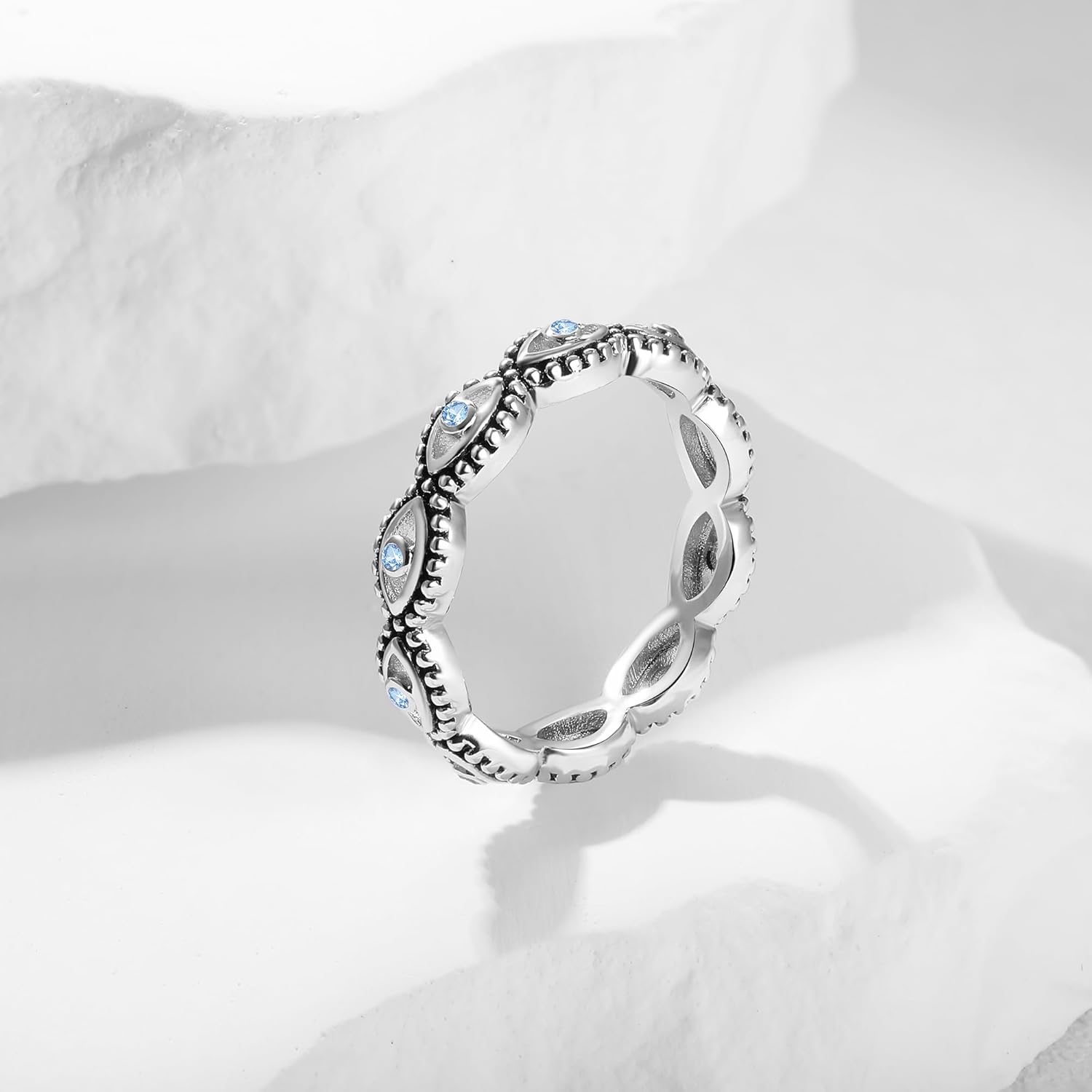 MDFUN Evil Eye Ring for Women, 18K White Gold Plated Cubic Zirconia Stackable Band Ring, Evil Eye Trendy Lucky Jewelry, Engagement Wedding Birthday Gift for Women Men, Size 5-10 - Image 4