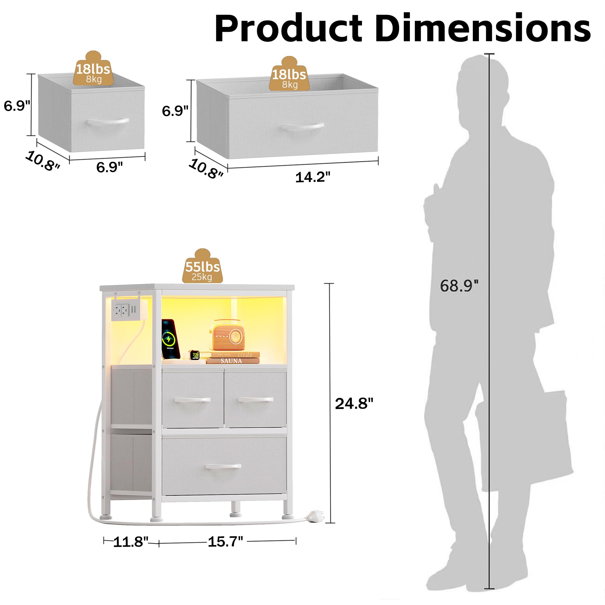Flrrtenv Dresser for Bedroom, Night Stand with Charging Station and LED Light Strips, Nightstand with Drawers, Table de Chevet Blanche with 3 Drawers, Bedside Table for Bedroom, White - 3