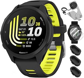 Garmin Forerunner 170 Music, 1.2" AMOLED GPS Running Watch, On-Watch Music, 10-Day Battery, Black/Amp Yellow, 010-03920-10 w/Deco Essentials Charging Dock, 2-Pack Screen Protector & 3-Pack Dust Cover