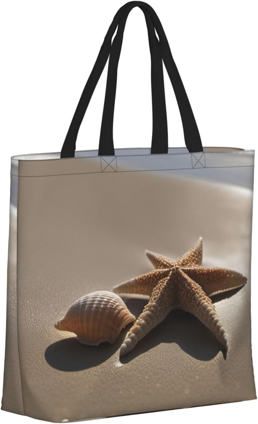 Starfish Seashell Sandy Beach Print Eco-Friendly Tote Lightweight Grocery Bag Daily Commuting Travel Beach Gym Use