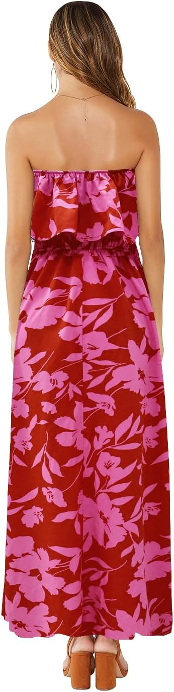 ZMPSIISA Women's Summer Off The Shoulder Maxi Dress Ruffle Strapless Blue White Porcelain Boho Casual Loose Long Dresses - Image 2