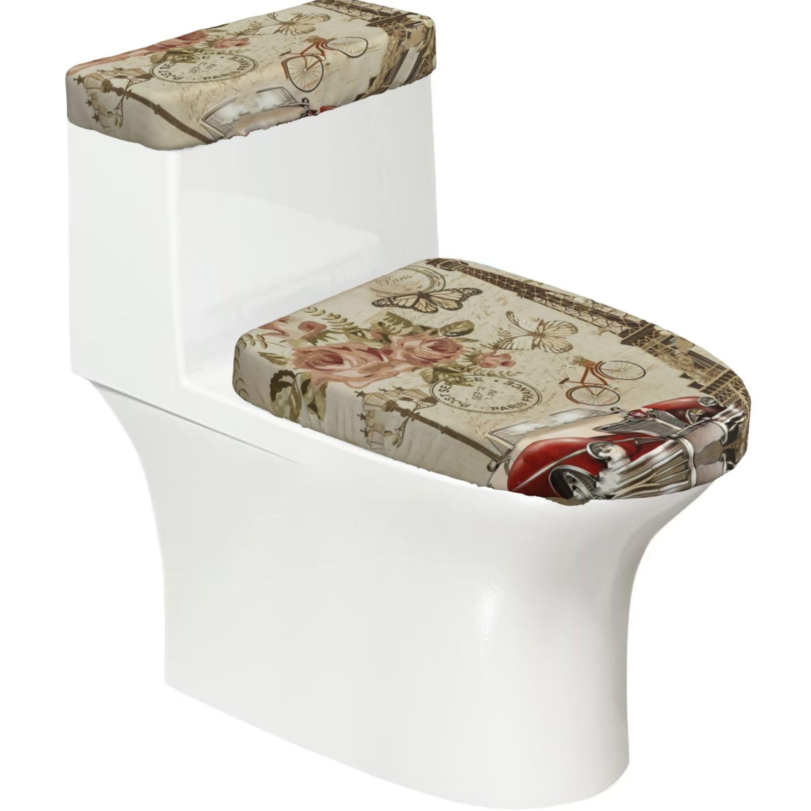 Wzycwb Black Paris Vintage Postcard 2-Piece Toilet Seat Cover Set With Tank Lid, Elastic Fit For U-Shape & Elongated Toilets, Bathroom Decor, Housewarming Gift