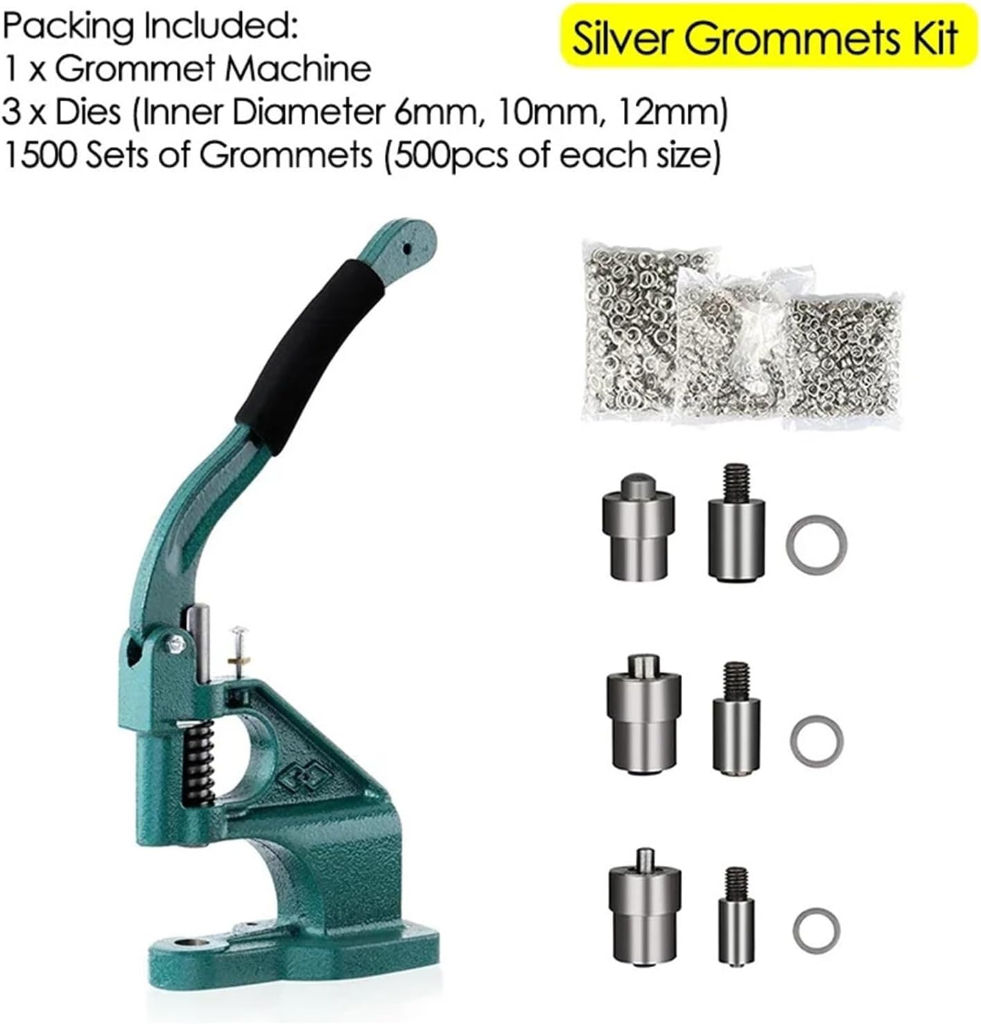 Hand Press Grommet Machine With Eyelets 1500pcs Kit 6/10/12mm Dies Mold Punch Manual Installation Tool For Clothes Sewing Versatile Applications(Silver Grommets)