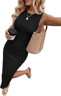 Chicrise Summer Dress Women's Striped Bodycon Dress Sleeveless Long Elegant Round Neck Beach Dress Slightly Slit